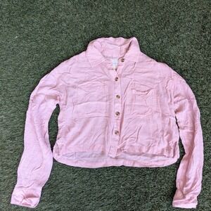 Aeropostale Womens Pink Rayon Cropped ButtonDown Shirt Long Sleeve S Sheer